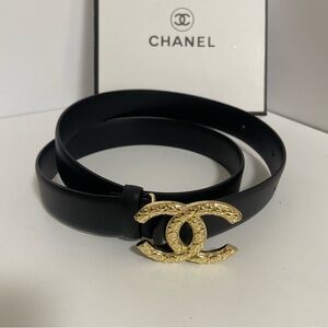 Chanel Black Belt with Gold Logo